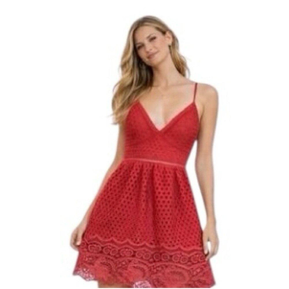 Abercrombie & Fitch Red V-Neck Eyelet Fit & Flare Midi Dress